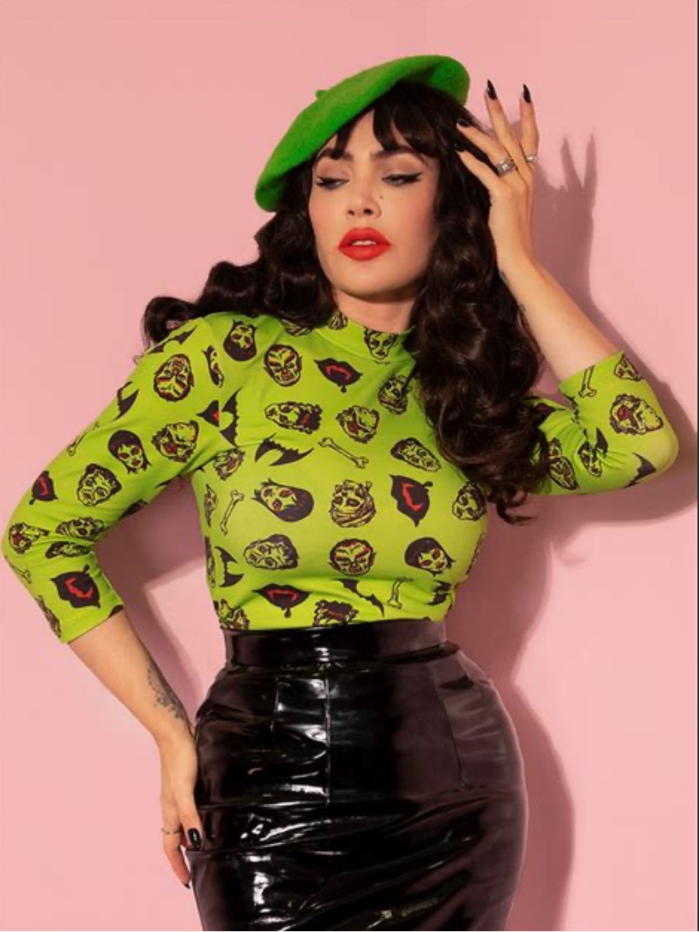 Vixen by Micheline Pitt Neon Green Monster Mash Zombie Halloween Print Top